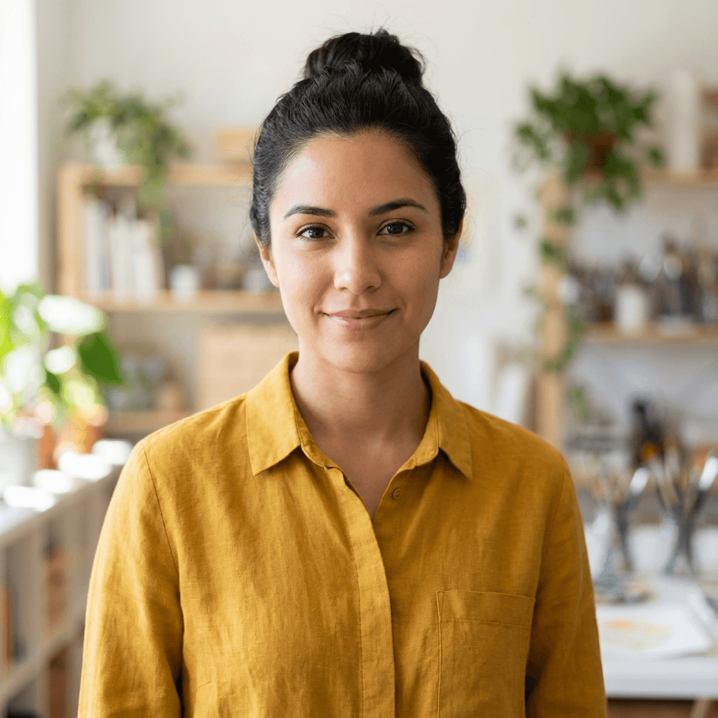 Sofia M., a graphic designer, standing with improved posture in her Toronto studio