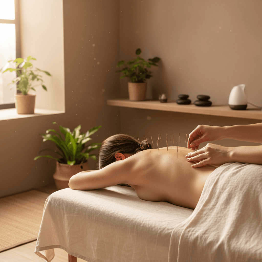 acupuncture session in progress on a patient's back
