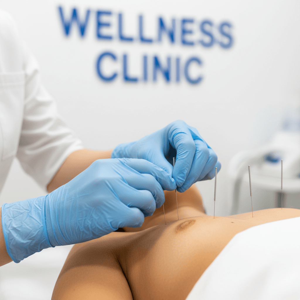 close up of acupuncturist placing needles