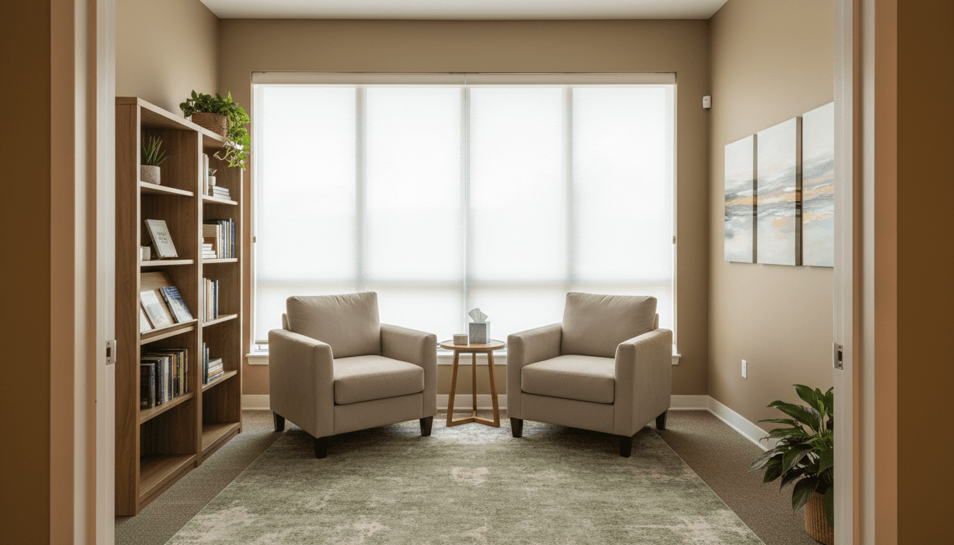 Therapist setting up portable treatment table in client living room with warm interior light