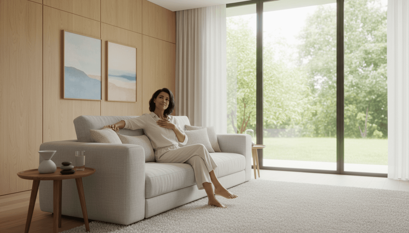Therapist adjusting patient posture in a comfortable home living room
