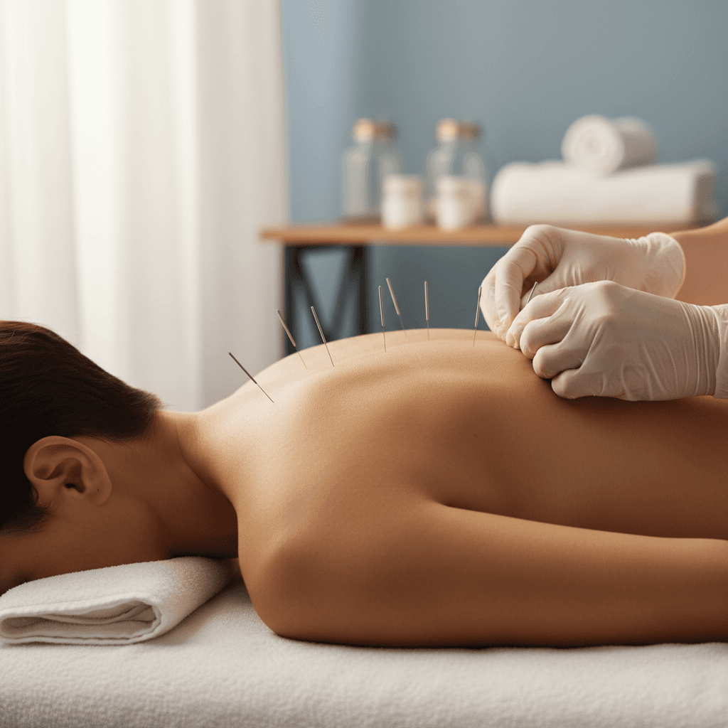 Acupuncture session in progress with needles along the spine
