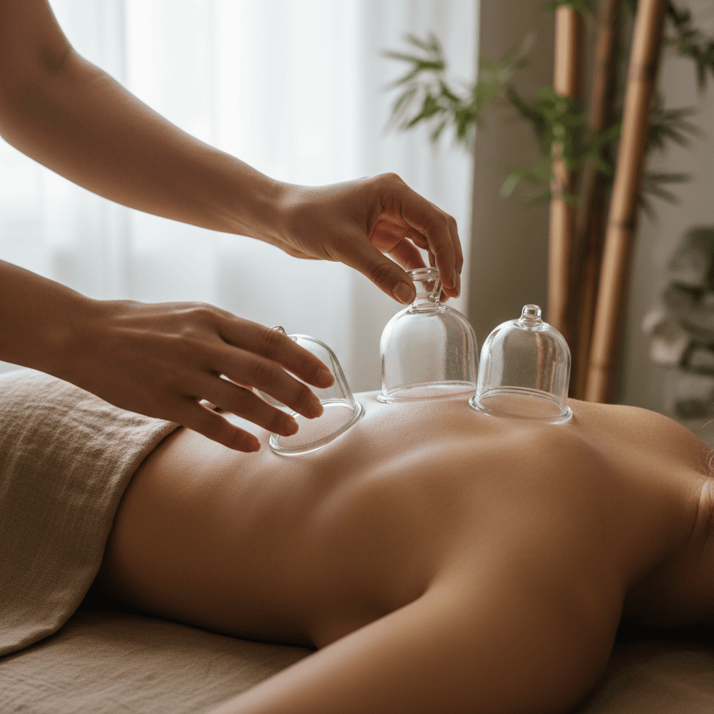 Cupping therapy being applied on a patient back in a peaceful home setting