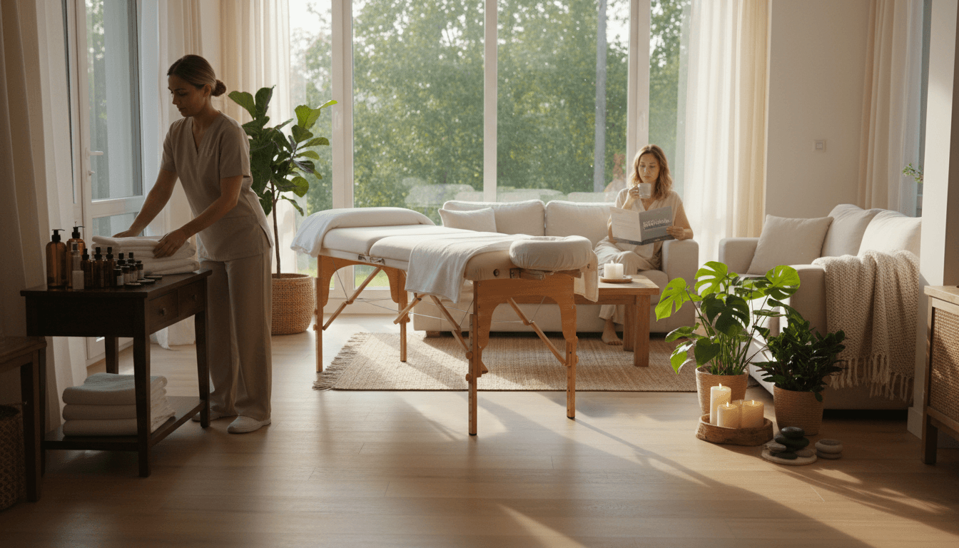 A portable treatment table set up in a living room for mobile physiotherapy