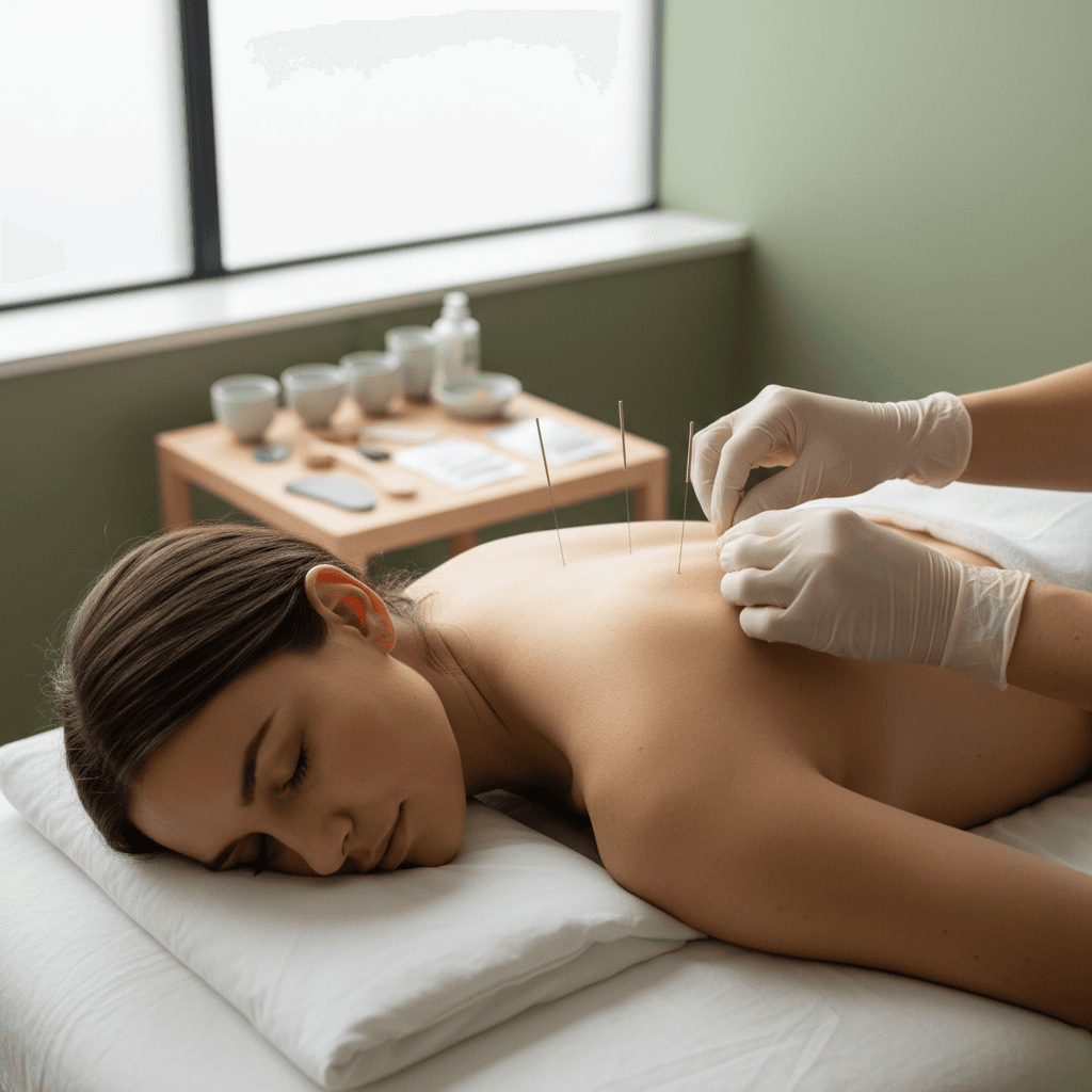 Acupuncture needles being placed on a patient's back in a quiet room